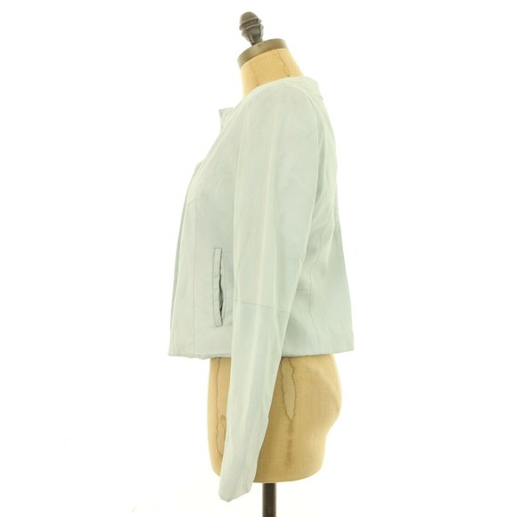 T Tahari Paperweight Lamb Leather Jacket PP Collarless Pockets Ice Blue  B63 - Picture 4 of 5